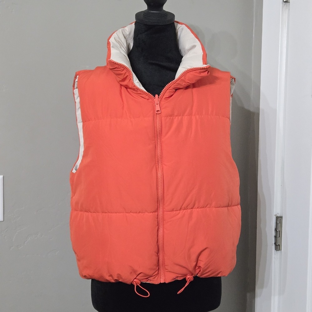 Love Tree Cropped Reversible Puffer Vest Sz L Beige Orange Full Zip Pockets‎ - Picture 3 of 12